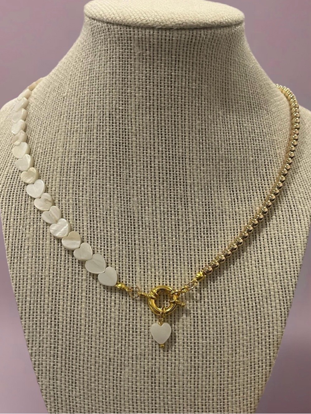 Gold Chain Necklace with White Heart Beads and Heart Charm
